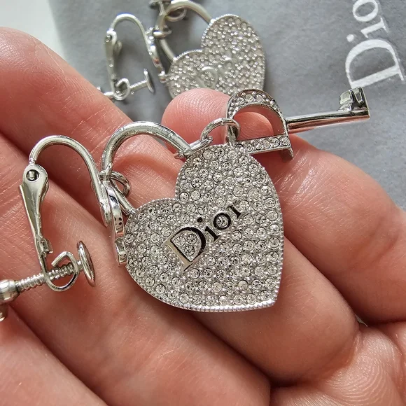 Christian Dior by John Galliano heart-key padlock crystal earrings ear clips - Picture 9 of 11